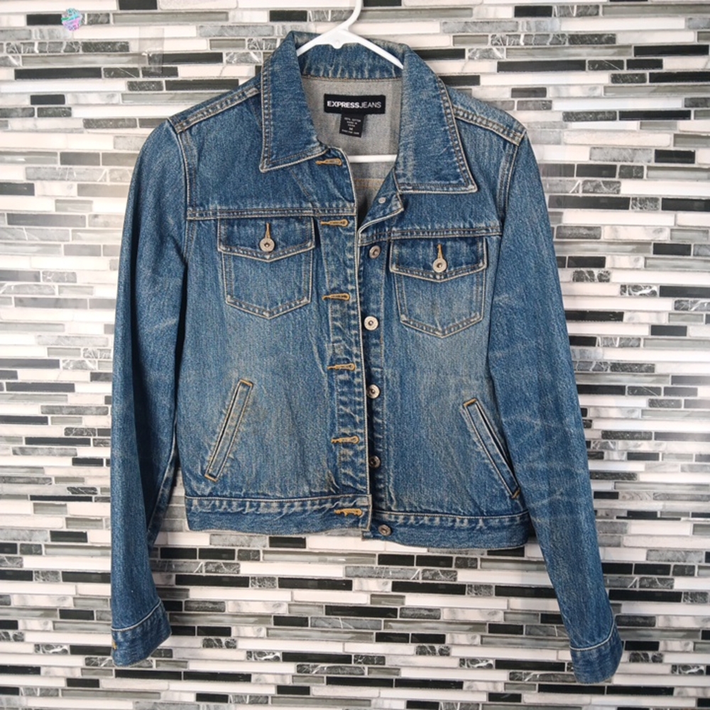 Express Jeans Co. Women's Blue Denim Jacket Distressed Faded Medium